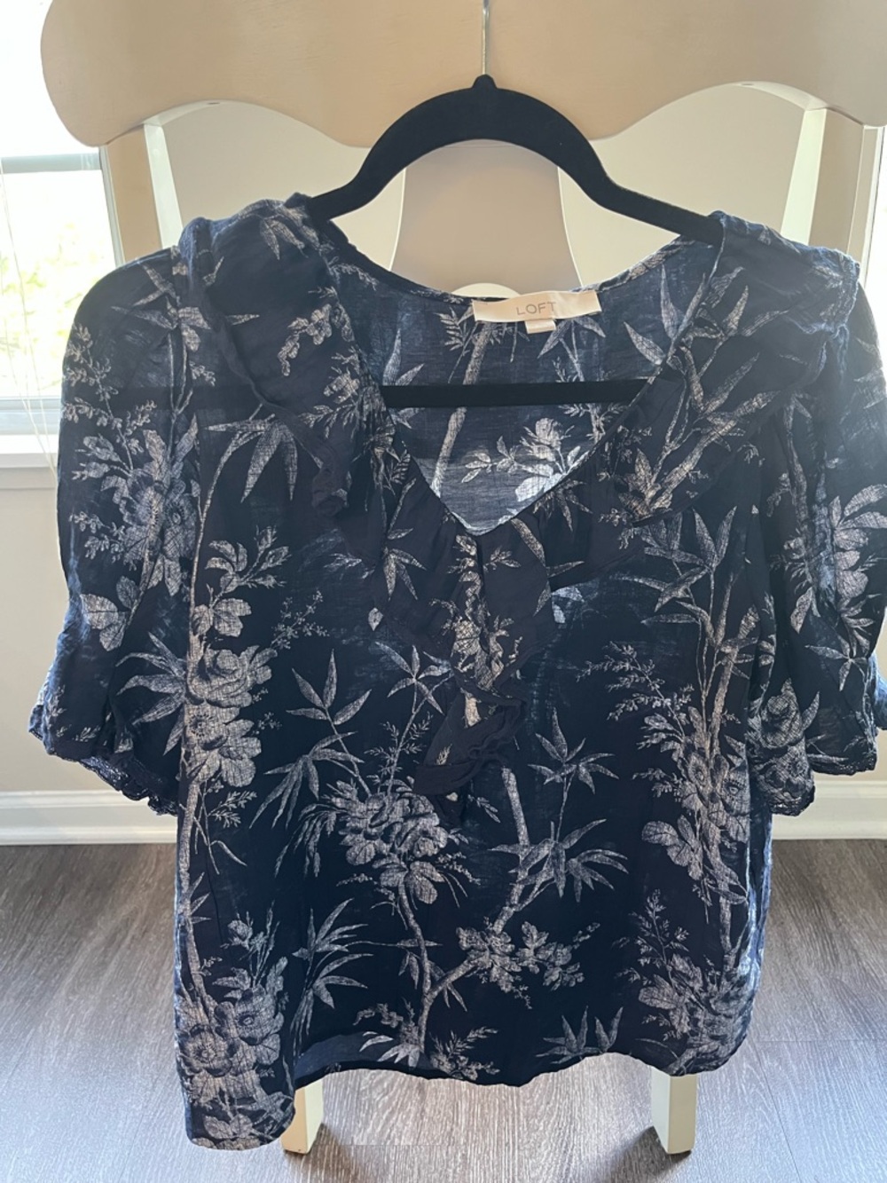 LOFT Navy and White Floral Ruffle V-Neck Blouse